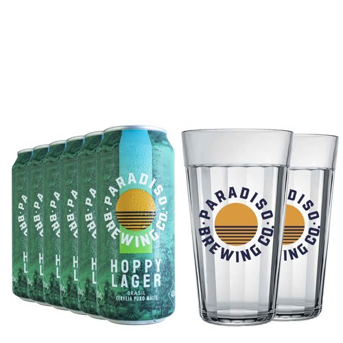 Compre Kit Cerveja Paradiso Hoppy Lager  Lt 473ml 06 unidades Ganhe 02 Copos Paradiso 450ml